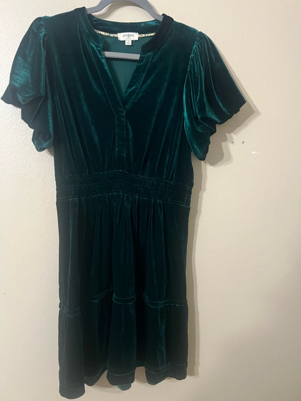 Umgee Emerald Velvet Tiered Mini Dress with Flutter Sleeves
